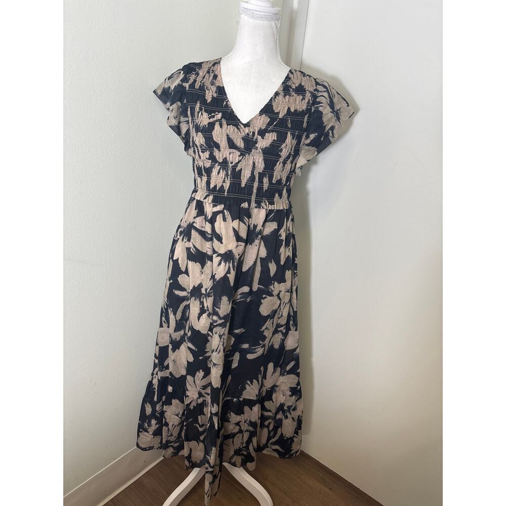 Rails Black And Tan Flutter Sleeve V-Neck Smocked… - image 1